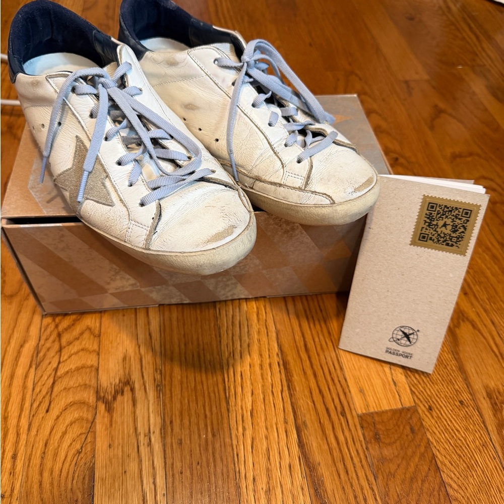 Golden Goose Superstar Low top Sneakers, White with Navy and Light Grey Laces